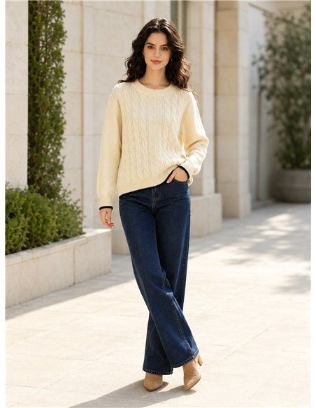 Oversized Zopfstrickpullover mit kontrastierender Borte