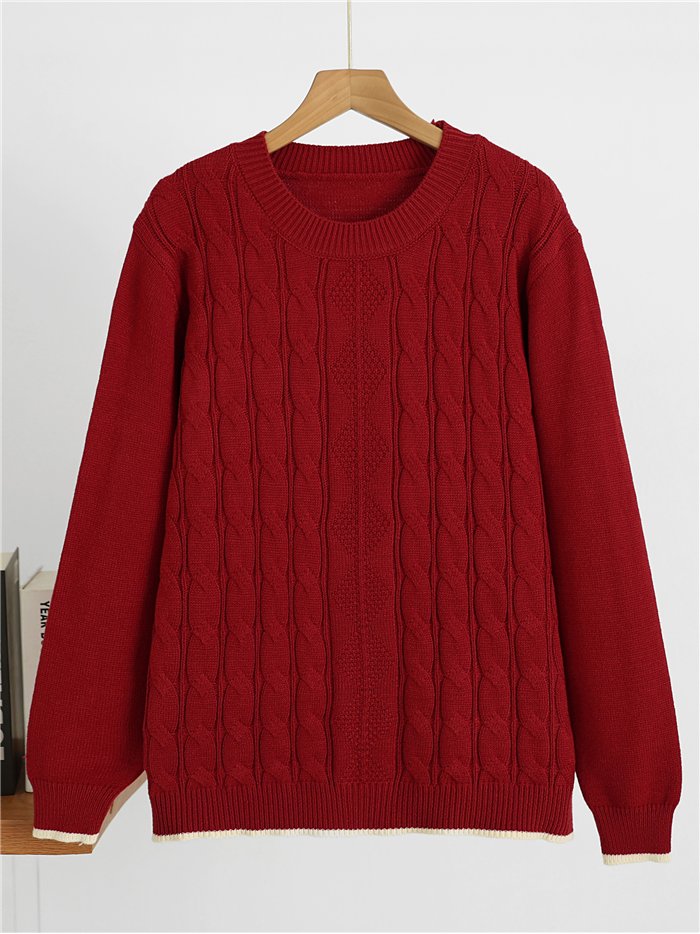 Oversized Zopfstrickpullover mit kontrastierender Borte