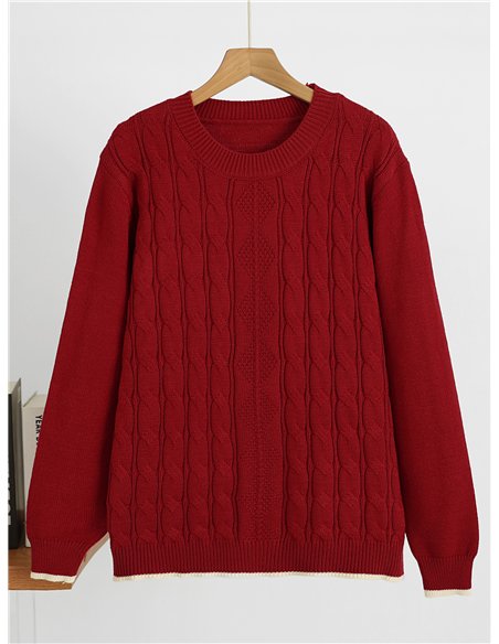 Oversized Zopfstrickpullover mit kontrastierender Borte