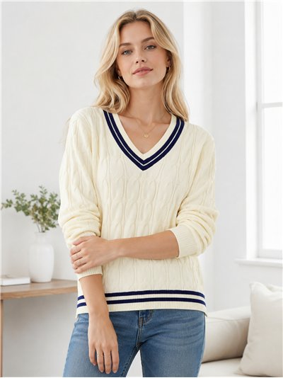 Jersey amplio trenzado cuello pico contraste