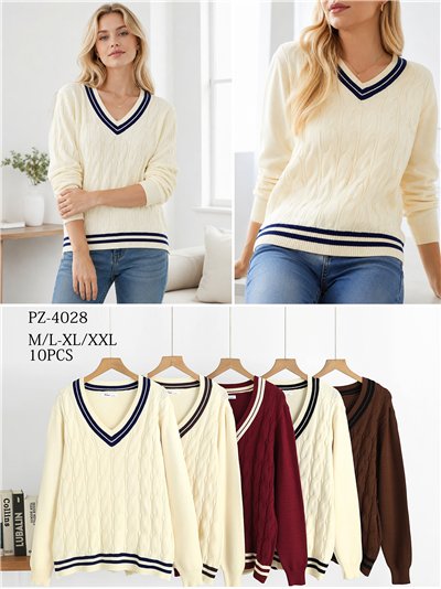 Jersey amplio trenzado cuello pico contraste 2