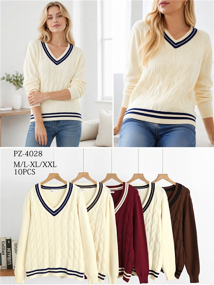 Übergroßer Zopfstrickpullover mit V-Ausschnitt und kontrastierenden Details