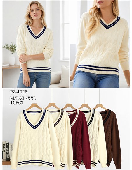 Übergroßer Zopfstrickpullover mit V-Ausschnitt und kontrastierenden Details
