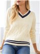 Pull oversize à col en V en maille torsadée avec détails contrastés