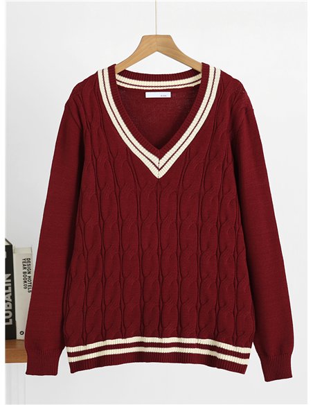 Übergroßer Zopfstrickpullover mit V-Ausschnitt und kontrastierenden Details