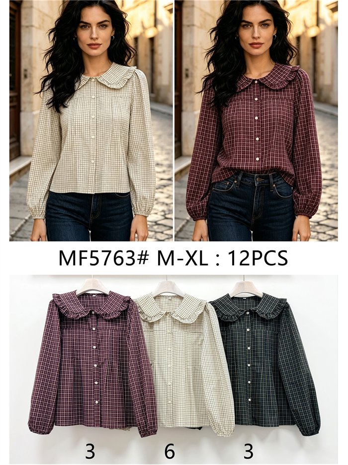 Camisa cuadros cuello bobo volante