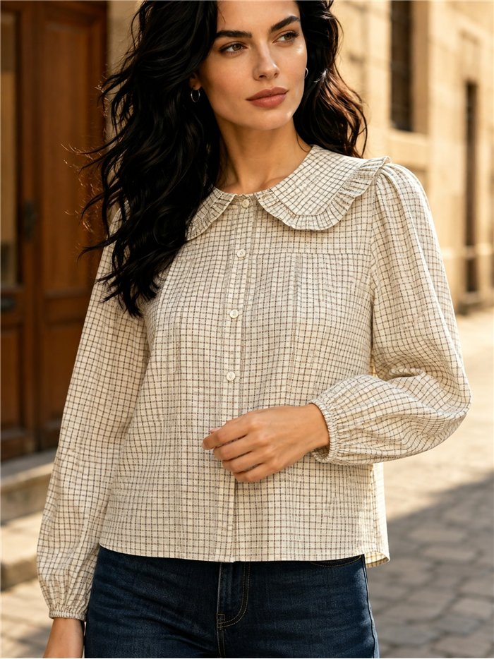 Camisa cuadros cuello bobo volante