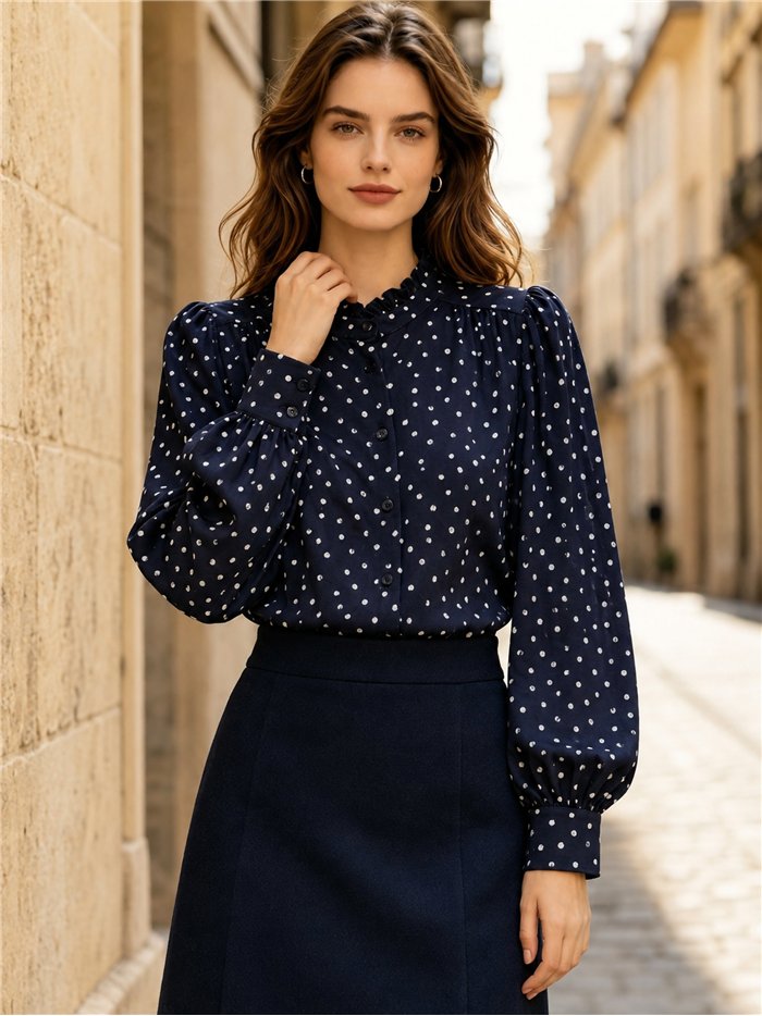 camicetta a pois con scollo a balze