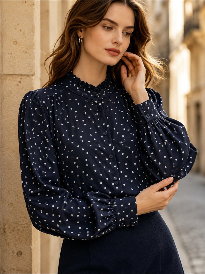 camicetta a pois con scollo a balze