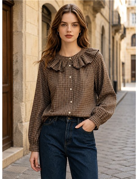 Camisa cuadros volante en cuello