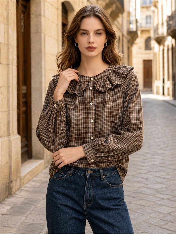 Camisa cuadros volante en cuello