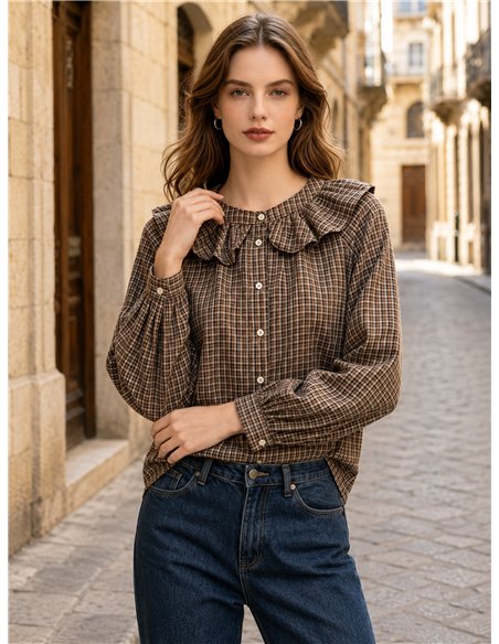 Camisa cuadros volante en cuello