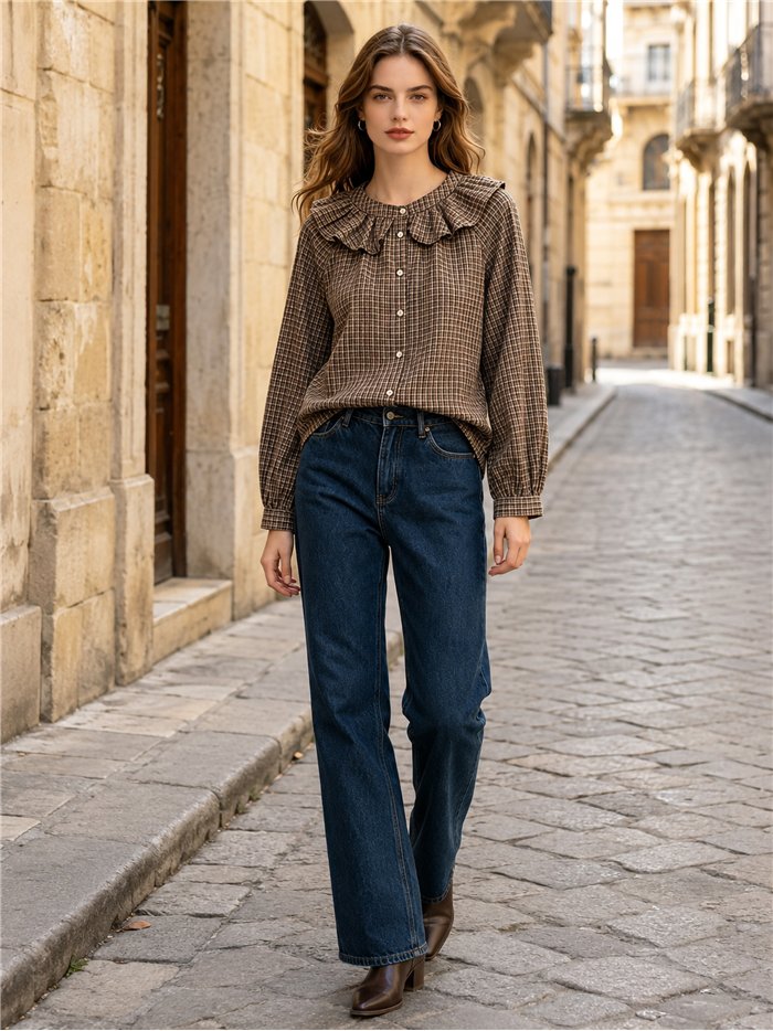 Camisa cuadros volante en cuello