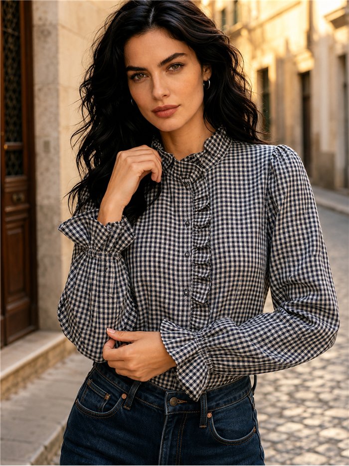 Camicia a quadretti con volant centrale