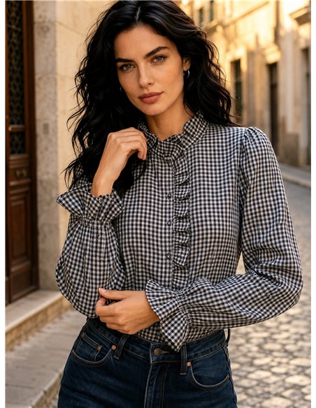 Camicia a quadretti con volant centrale
