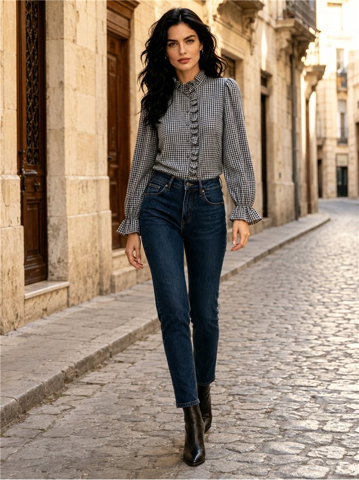 Camicia a quadretti con volant centrale