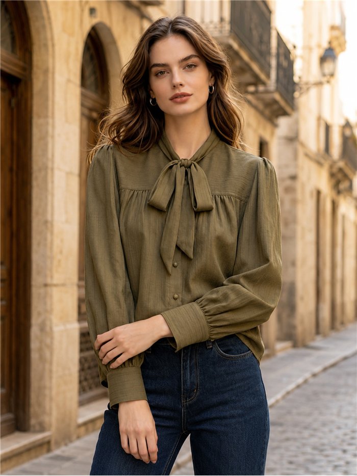 Textured bow neck blouse