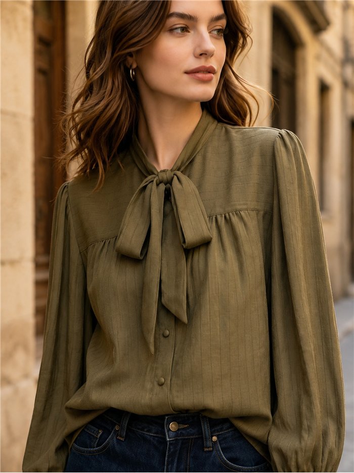 Textured bow neck blouse