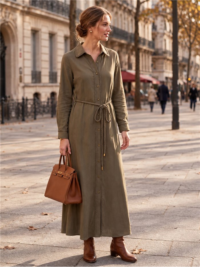 Vestido camisero largo pasamanería