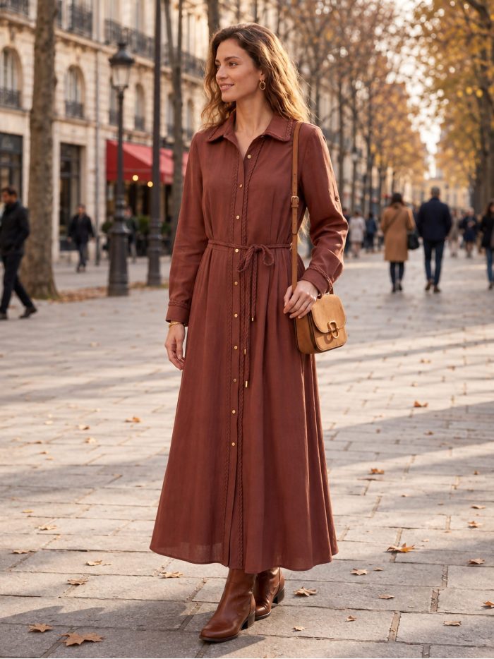 Vestido camisero largo pasamanería