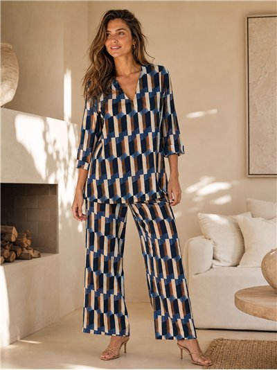 Set aus Bluse und Hose mit Retro-Print aus Lycra in Übergröße