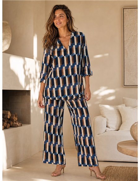 Conjunto blusa lycra estampada retro talla grande y pantalón