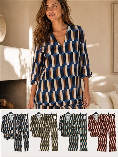 Set aus Bluse und Hose mit Retro-Print aus Lycra in Übergröße 2