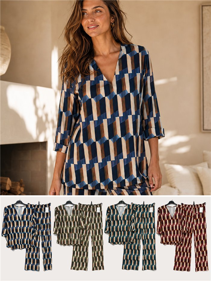 Conjunto blusa lycra estampada retro talla grande y pantalón