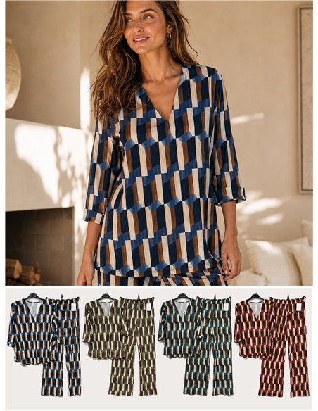 Conjunto blusa lycra estampada retro talla grande y pantalón
