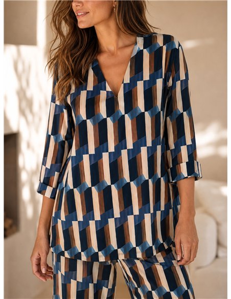 Conjunto blusa lycra estampada retro talla grande y pantalón