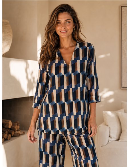 Conjunto blusa lycra estampada retro talla grande y pantalón