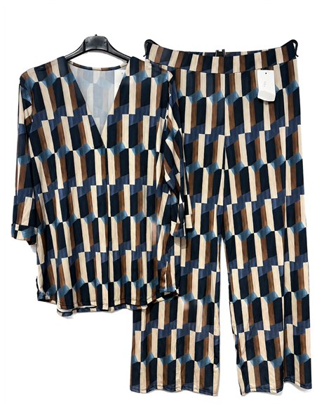 Conjunto blusa lycra estampada retro talla grande y pantalón
