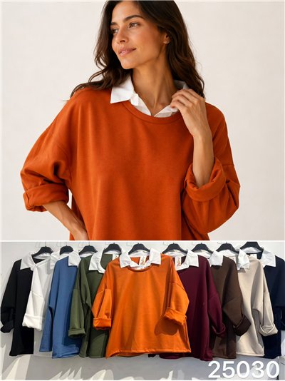 Sweat-shirt grande taille combiné avec col de chemise 2