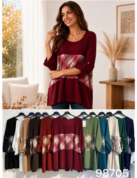 Blusa fluida combinada cuadros talla grande