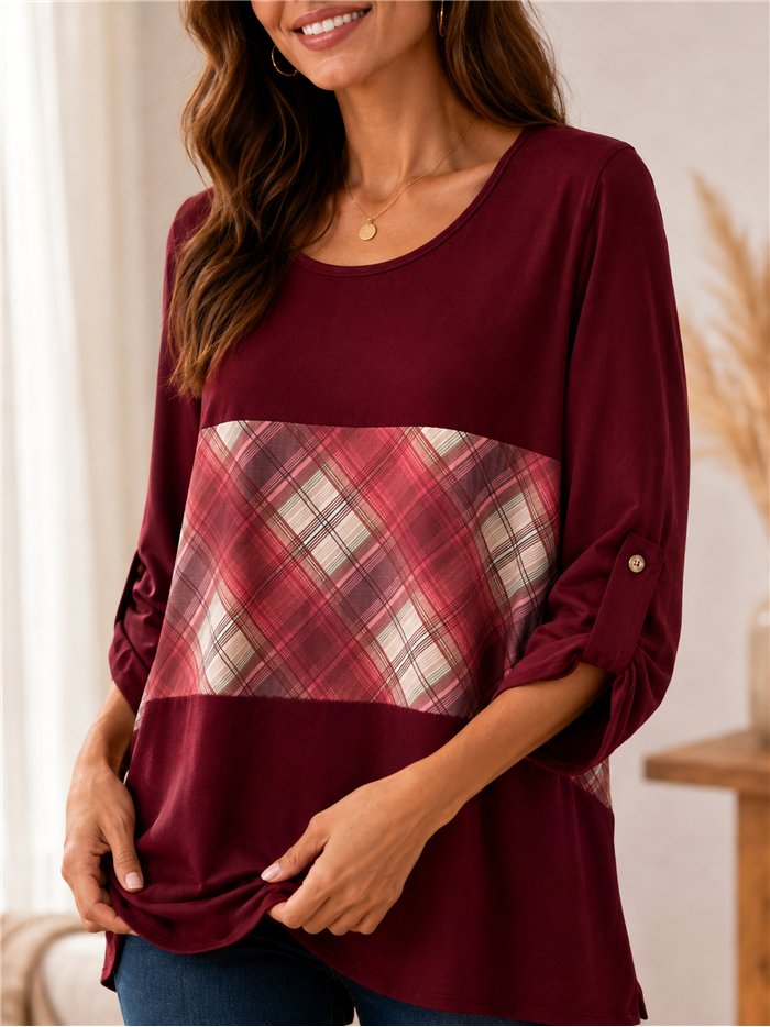 Blusa fluida combinada cuadros talla grande