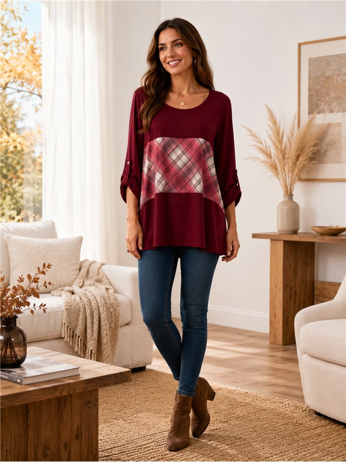 Blusa fluida combinada cuadros talla grande