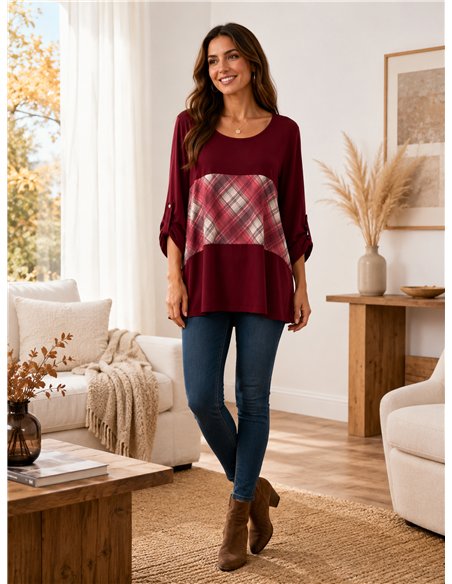 Blusa fluida combinada cuadros talla grande