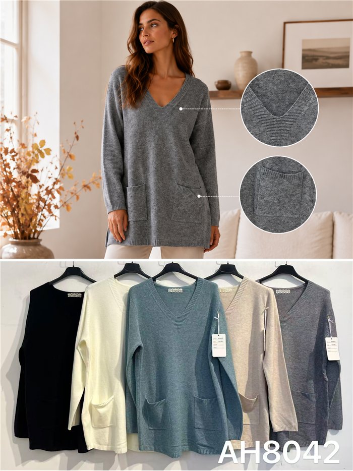 Jersey cuello pico con bolsillos