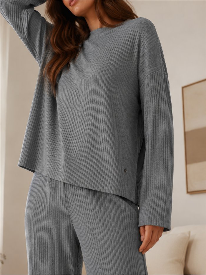 Conjunto jersey amplio punto canalé y pantalón