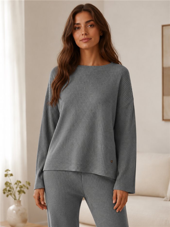 Conjunto jersey amplio punto canalé y pantalón
