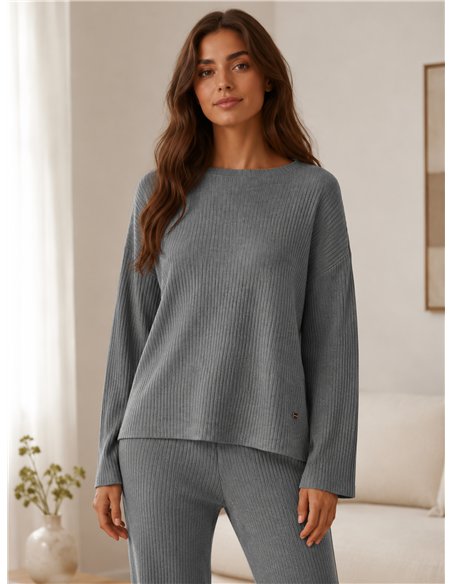 Conjunto jersey amplio punto canalé y pantalón