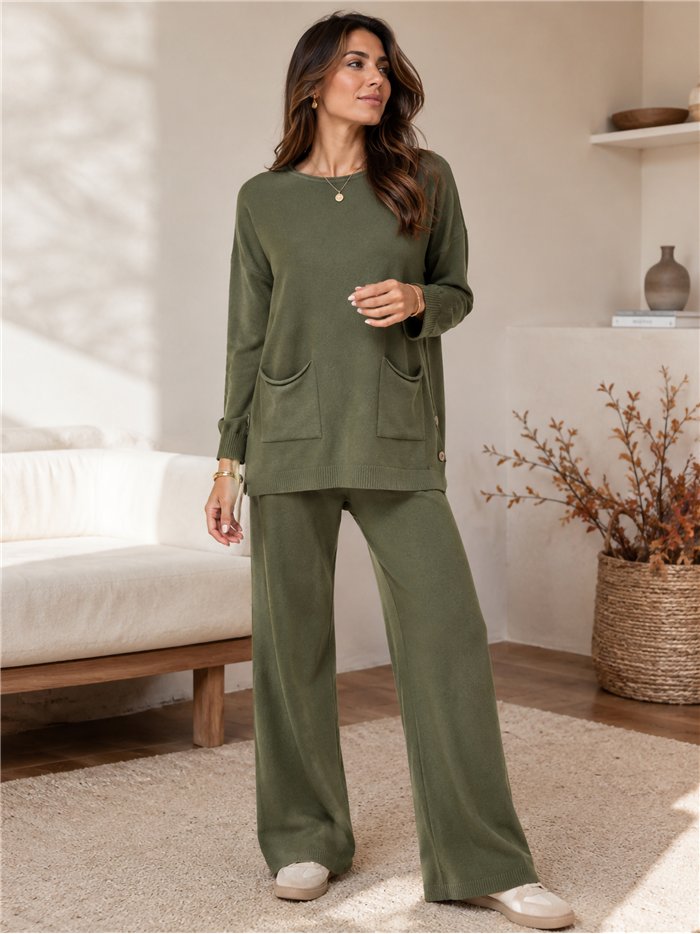 Conjunto jersey amplio punto con bolsillos y pantalón