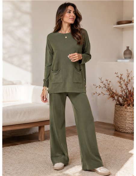 Conjunto jersey amplio punto con bolsillos y pantalón