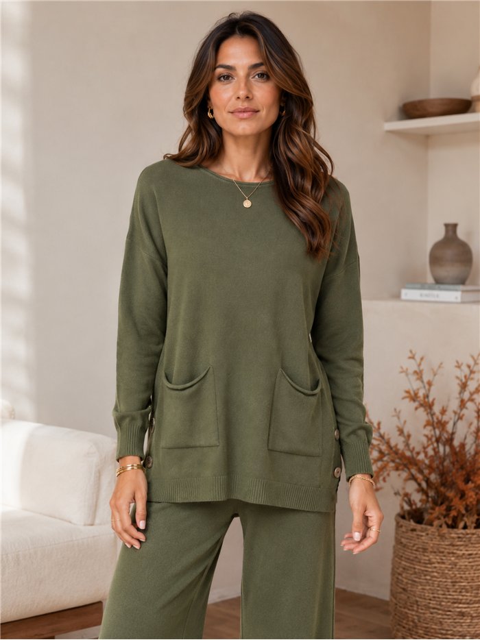 Conjunto jersey amplio punto con bolsillos y pantalón