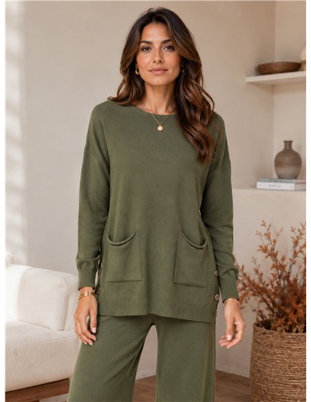 Conjunto jersey amplio punto con bolsillos y pantalón