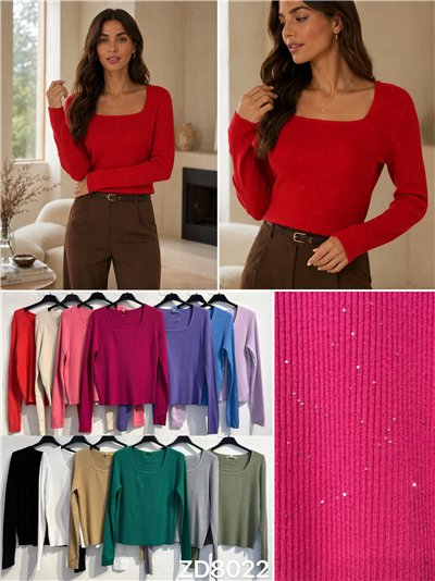 Jersey canalé escote cuadrado con mini lentejuelas 2