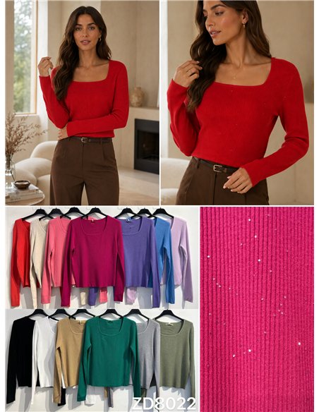 Jersey canalé escote cuadrado con mini lentejuelas