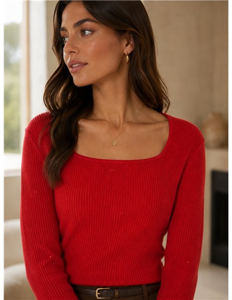 Jersey canalé escote cuadrado con mini lentejuelas