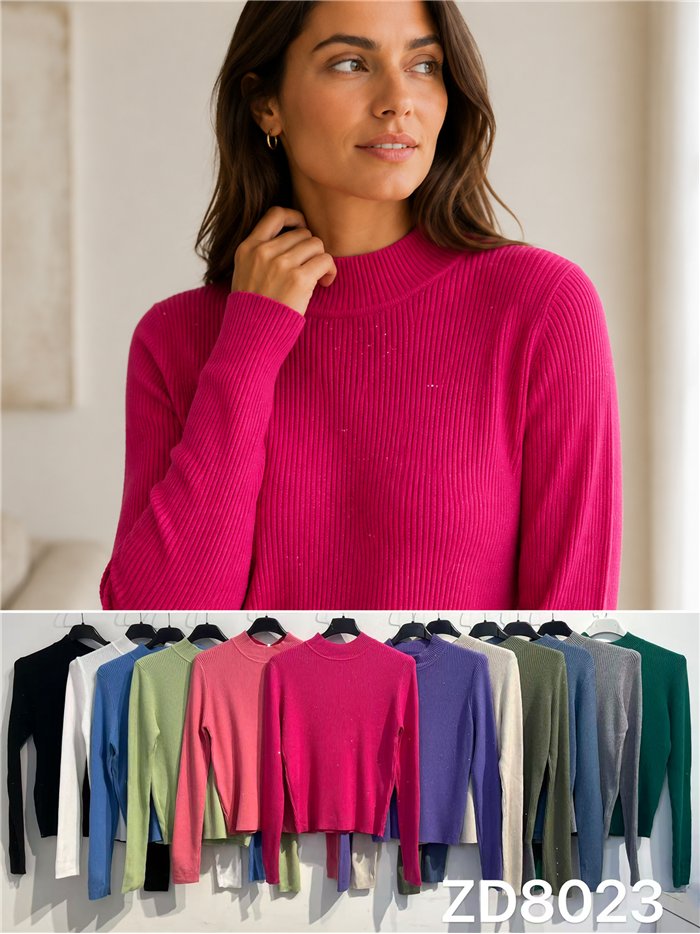 Jersey canalé cuello alto con mini lentejuelas