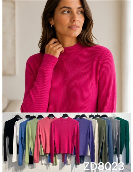 Jersey canalé cuello alto con mini lentejuelas